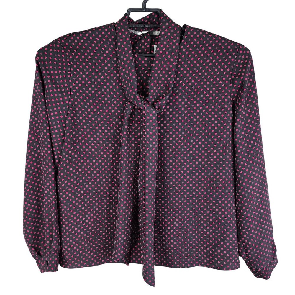 Womens Vintage Kasper Polka Dot Blouse Long Sleeve Tie-Neck Size 12